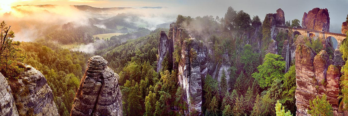 Saxon Switzerland Rocky mountains with trees against a sunny sky